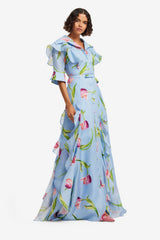 Isabella Silk Gown - Tulip Print in Blue