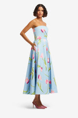Lynn Bustier Midi Dress - Tulip Print in Blue