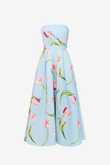 Lynn Bustier Midi Dress - Tulip Print in Blue