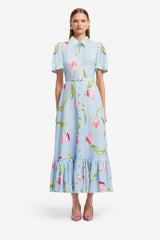 Becca Short Sleeve Midi Dress - Tulip Print in Blue