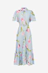 Becca Short Sleeve Midi Dress - Tulip Print in Blue