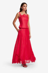 Melissa Linen Appliqué Maxi Skirt - Scarlet