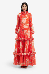 Angela Ruffled Maxi Dress - Saffron Peony Print