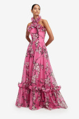 Isabelle Ruffled Halterneck Maxi Dress - Pink Magnolia Print