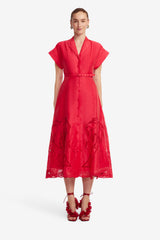 Aubrey Palm Shirt Midi Dress - Scarlet