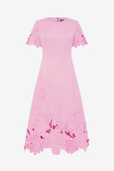 Caroline Appliqué Short Sleeve Midi Dress - Flamingo