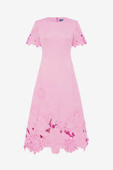 Caroline Appliqué Short Sleeve Midi Dress - Flamingo