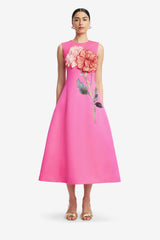 Cleo Appliqué Sleeveless Midi Dress - Peony Print in Fuchsia