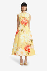 Cleo Sleeveless Midi Dress - Peony Print in Yellow