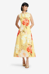 Cleo Sleeveless Midi Dress - Peony Print in Yellow