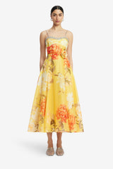 Mariela Embellished Midi Dress - Peony Print in Yellow