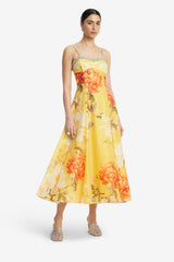 Mariela Embellished Midi Dress - Peony Print in Yellow