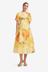 Caroline Short Sleeve Midi Dress - Peony Print in Yellow