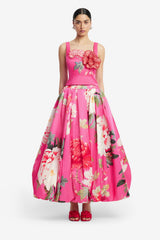 Victoria Puff Maxi Skirt - Peony Print in Fuchsia