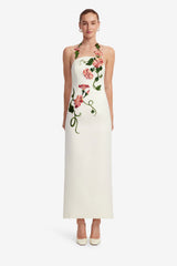 Ava Halterneck Appliqué Floral Bustier Maxi Dress - Vine Print in Snow