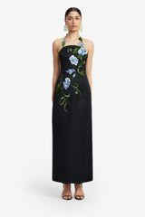 Ava Halterneck Appliqué Floral Bustier Maxi Dress - Vine Print in Ebony