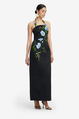 Ava Halterneck Appliqué Floral Bustier Maxi Dress - Vine Print in Ebony