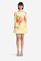 Aliza Embellished Long Sleeve Mini Dress - Peony Print in Yellow
