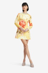Aliza Embellished Long Sleeve Mini Dress - Peony Print in Yellow