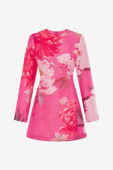 Aliza Long Sleeve Mini Dress - Peony Print in Fuchsia