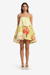 Patsy Embellished Puff Mini Dress - Peony Print in Yellow