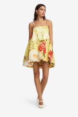 Patsy Embellished Puff Mini Dress - Peony Print in Yellow