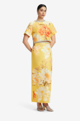 Kyra Embellished Maxi Skirt - Peony Print in Yellow