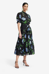 Ellie Bishop Sleeve Midi Dress - Vine Print in Ebony