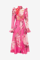 Katrina Butterfly Sleeve Midi Dress - Peony Print in Fuchsia