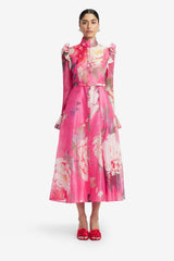 Katrina Butterfly Sleeve Midi Dress - Peony Print in Fuchsia