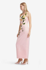 Ava Halterneck Appliqué Floral Bustier Maxi Dress - Vine Print in Pink