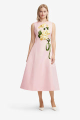 Cleo Appliqué Sleeveless Midi Dress - Vine Print in Pink