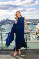 Leonara Asymmetric Cape Maxi Dress in Deep Navy