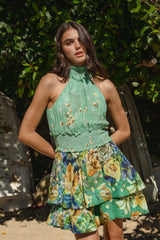 Estelle Halter Mini Dress in Green Floral