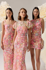 Nathalie Puff Sleeve Gown in Pink Floral