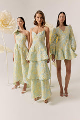 Penelope Asymmetrical Gown in Yellow & Blue Floral