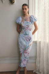 Priselle Puff Sleeve Midi Dress in Blue Floral