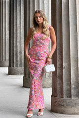 Nathalie Colunm Midi Dress in Pink Floral