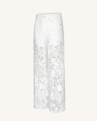 Embroidery High Rise Wide Leg Lace Denim Jeans With Rhinestone - White
