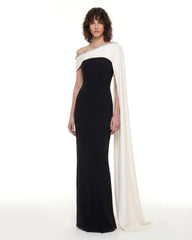 Crystal-Trim Cape Maxi Dress - Black & Ivory