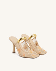 Mireille Pierced Floral Embroidered Appliqué Mesh Mules - Apricot