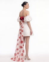 3D Floral Corn Poppy Puff-Sleeve Mini Dress with Train - Ivory