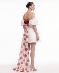 3D Floral Corn Poppy Puff-Sleeve Mini Dress with Train - Ivory