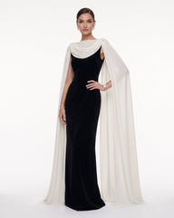 Cowl Neck Sheer Cape Maxi Gown - Black & White