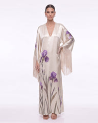Iris Print Fringe Sleeve V-Neck Maxi Dress - Champagne