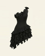 Flower Embroidered One-Shoulder Corset Mini Dress - Black