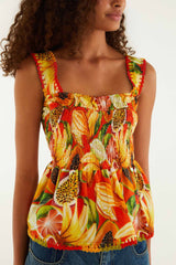 Red Fruit Garden Smocked Crochet Details Blouse