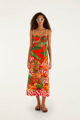 Red Fruit Trolley Sweetheart Neck Maxi Dress