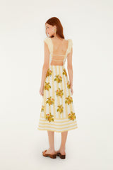 Yellow Lemon Birds Sweetheart Neck Midi Dress