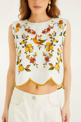 Off-White Lemon Bouquet Wavy Hem Sleeveless Blouse